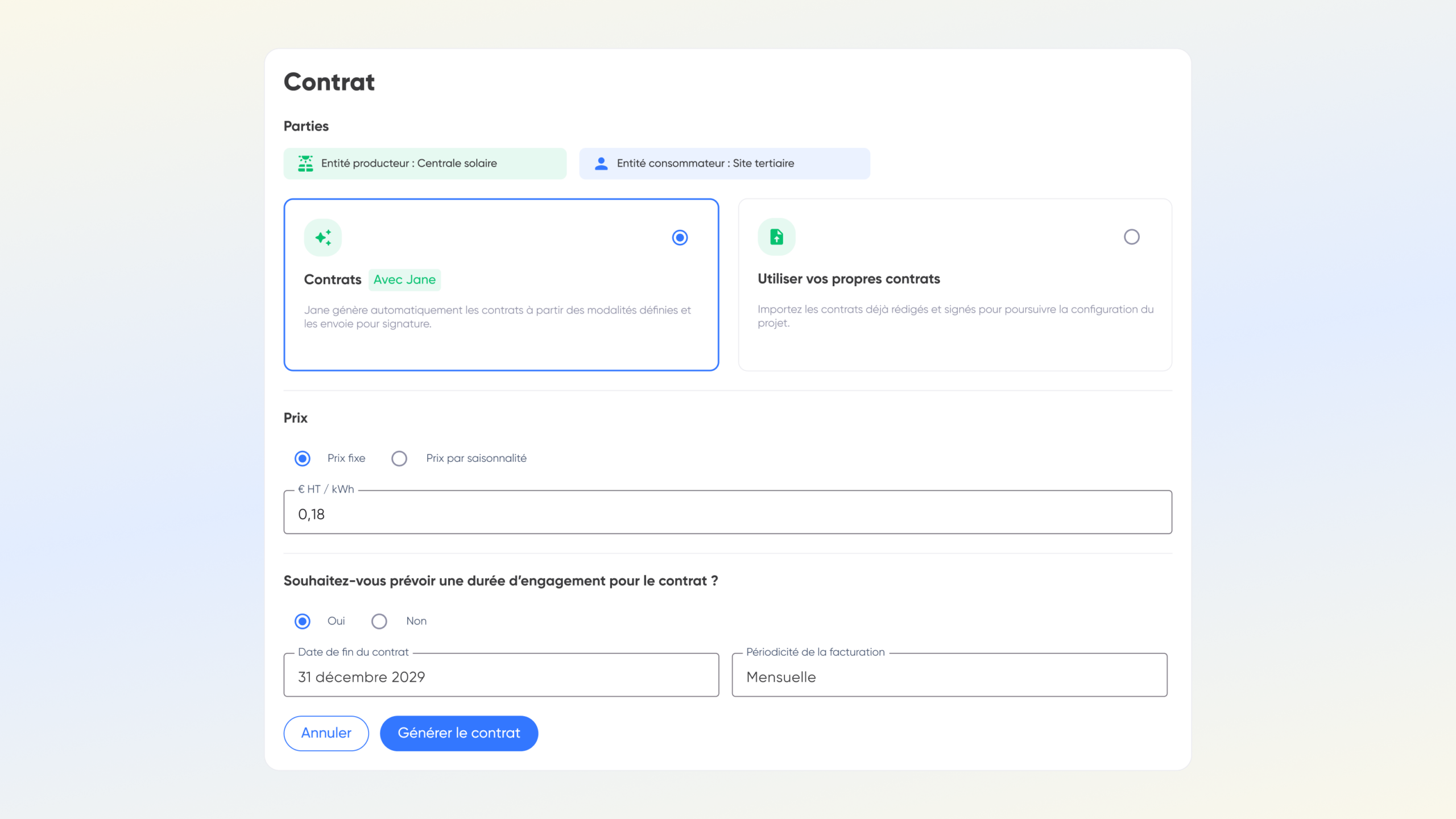 Interface Jane simplifiée montrant le paramétrage d’un contrat entre un producteur solaire et un consommateur avant l’automatisation de la facturation.